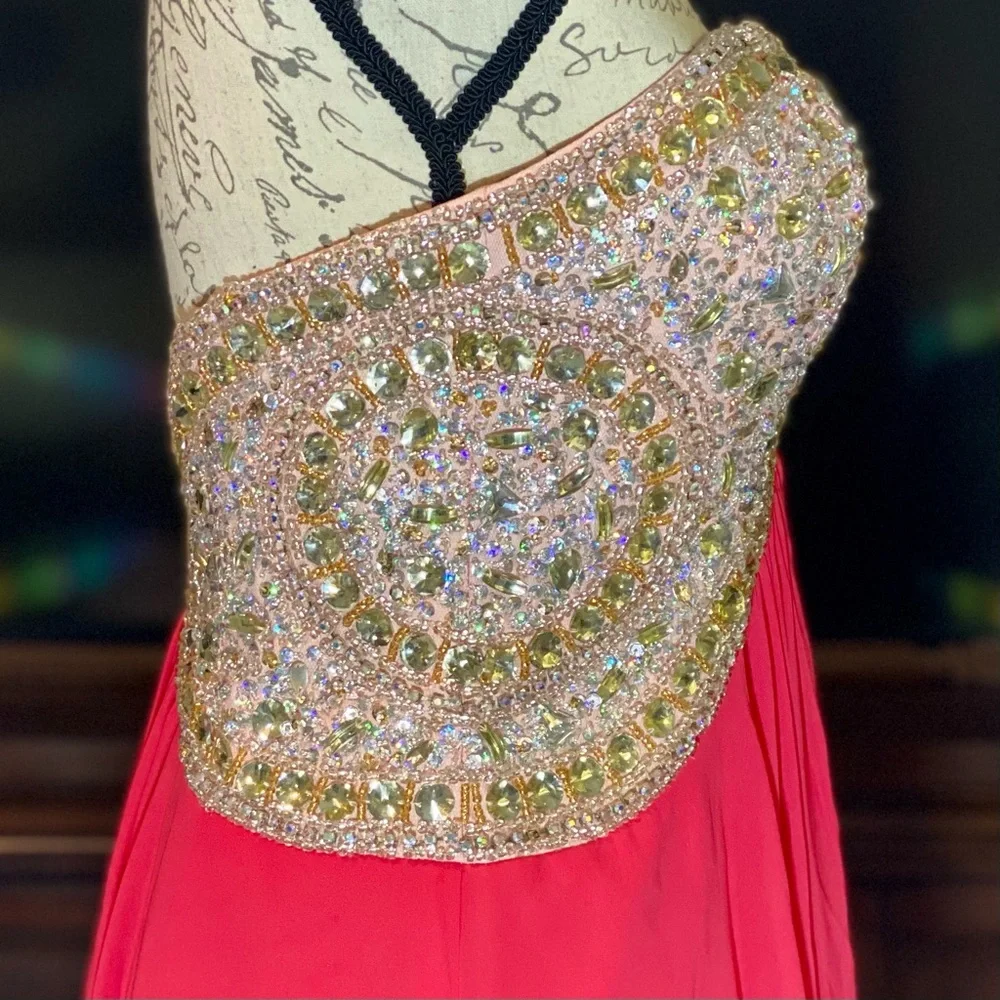 NWOT by Terani Couture Coral Gold Rhinestones Prom Formal Dress Size 8 - Picture 4 of 7